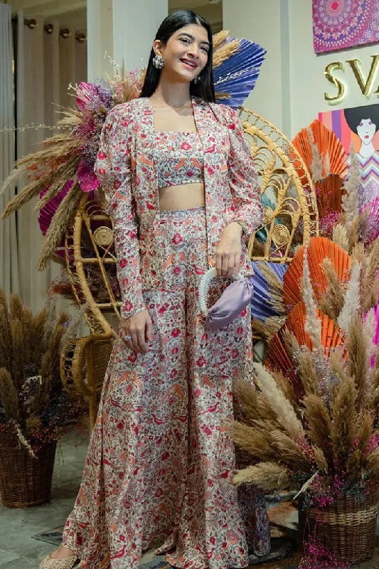 IVORY SAANJH PRINT SHARARA PANTS WITH BUSTIER AND LEG OF MUTTON JACKET IVORY Trendy Velvet Pants IVORY SAANJH PRINT SHARARA PANTS WITH BUSTIER AND LEG OF MUTTON JACKET IVORY Trendy Velvet Pants