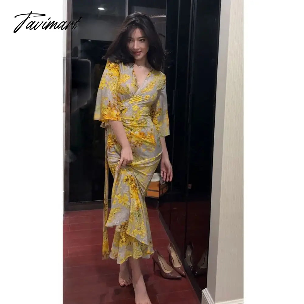 French Style High Waist V-Neck Floral Ruffles Long Dress Mermaid Flare Sleeve Chic And Elegant Woman Party Dress Tunics Sophisticated sleek French Style High Waist V-Neck Floral Ruffles Long Dress Mermaid Flare Sleeve Chic And Elegant Woman Party Dress Tunics Sophisticated sleek