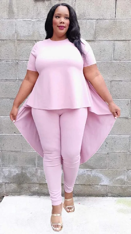 Plus Size Round Neck Short Sleeve Back pleated Top and Pants Set Classic Straight Pants Plus Size Round Neck Short Sleeve Back pleated Top and Pants Set Classic Straight Pants