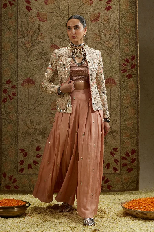 PINK EMBELLSIHED JACKET PAIRED WITH BUSTIER AND EMBELLISHED PLEATED PANTS Stylish Harem Pants PINK EMBELLSIHED JACKET PAIRED WITH BUSTIER AND EMBELLISHED PLEATED PANTS Stylish Harem Pants