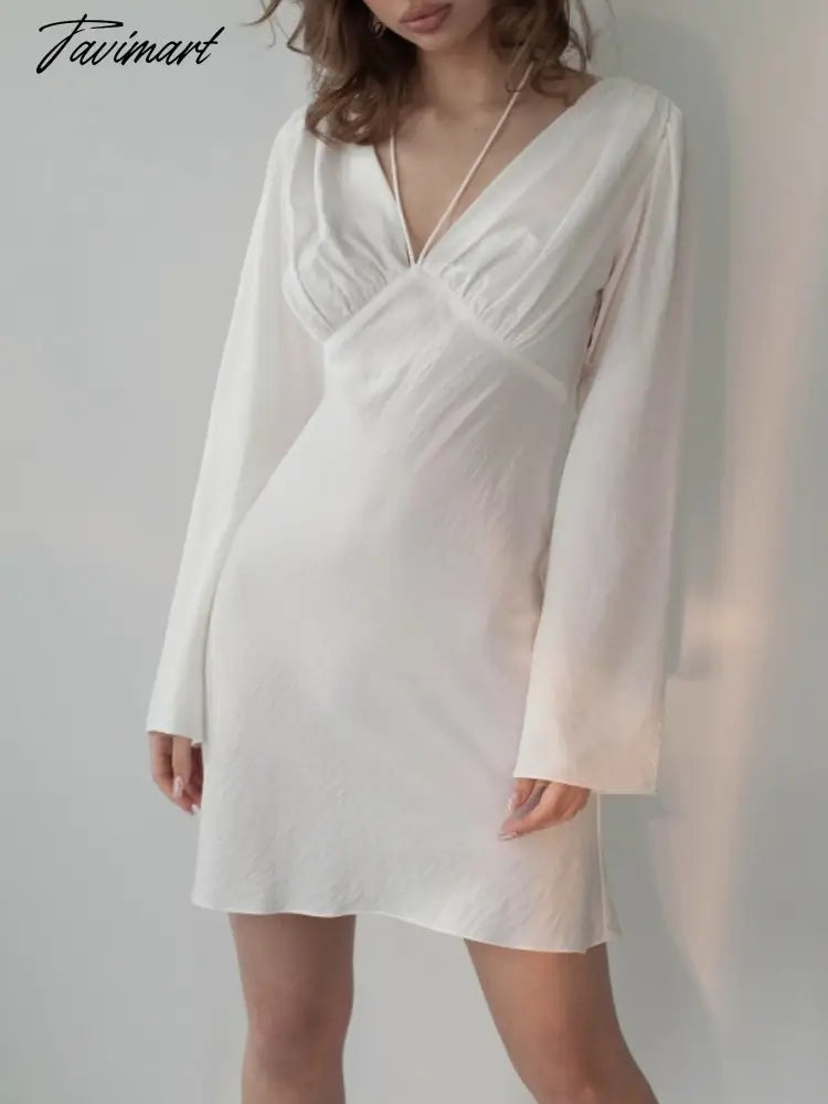 Tavimart White Party Dress a Line Sexy Lace Up Fashion Elegant Female Clothing Long Sleeve v Neck Solid Color Summer New Arrivals Crew Neckline Sporty Tavimart White Party Dress a Line Sexy Lace Up Fashion Elegant Female Clothing Long Sleeve v Neck Solid Color Summer New Arrivals Crew Neckline Sporty