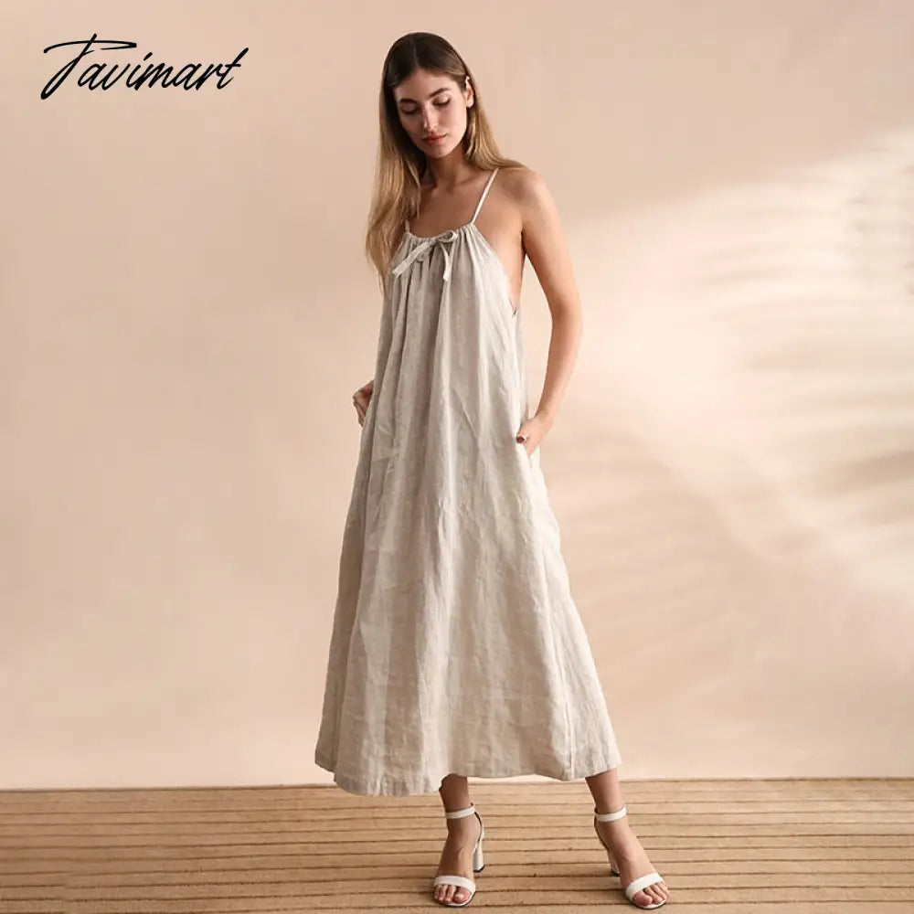 Tavimart 100% Linen Summer Dress Women Sexy Halter Sleeveless Bandage Lace Up Long Dresses Birthday Party Dresses платье женское Off-the-shoulder Chic Trendy Tavimart 100% Linen Summer Dress Women Sexy Halter Sleeveless Bandage Lace Up Long Dresses Birthday Party Dresses платье женское Off-the-shoulder Chic Trendy