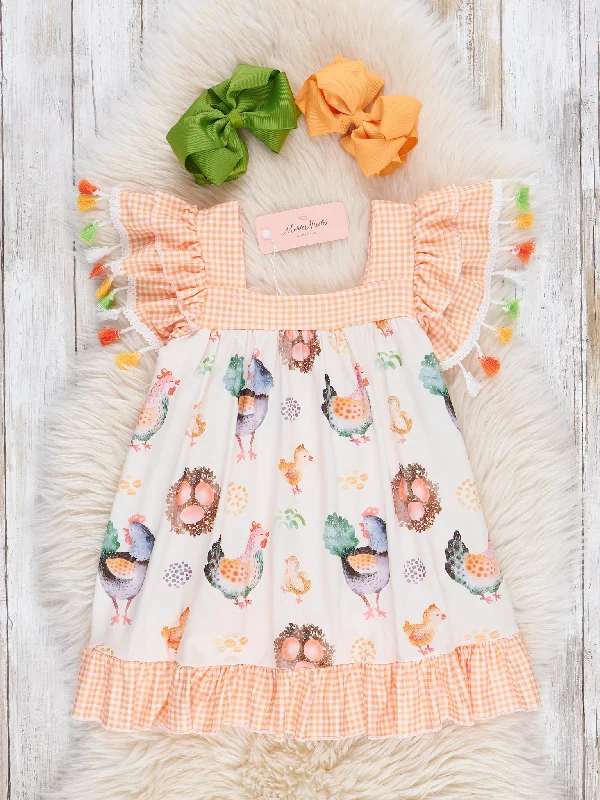 Chickens & Eggs Gingham Tassel Dress Tunics Seasonal trendy