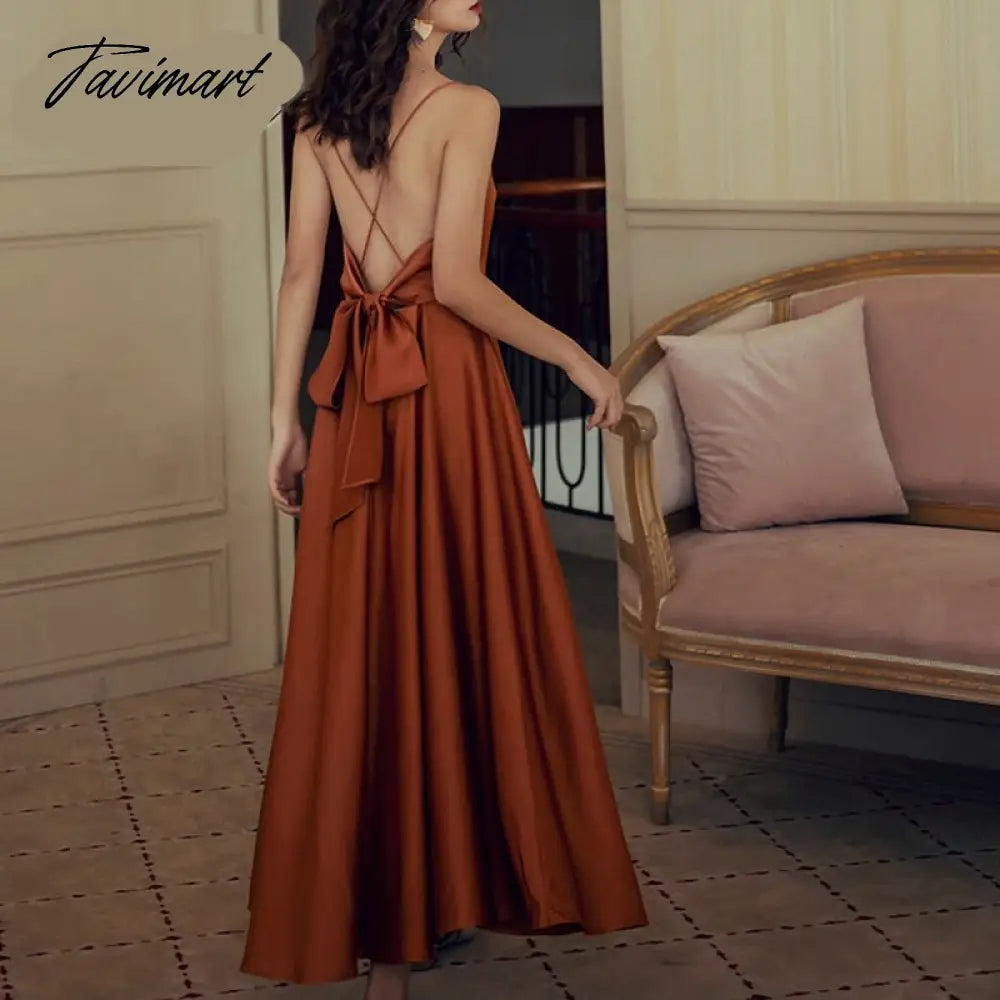 Tavimart Summer Elegant Women Silk Party Dress Spaghetti Strap Bow Sexy Backless Long Satin Dress Tunics Top Casual Tavimart Summer Elegant Women Silk Party Dress Spaghetti Strap Bow Sexy Backless Long Satin Dress Tunics Top Casual