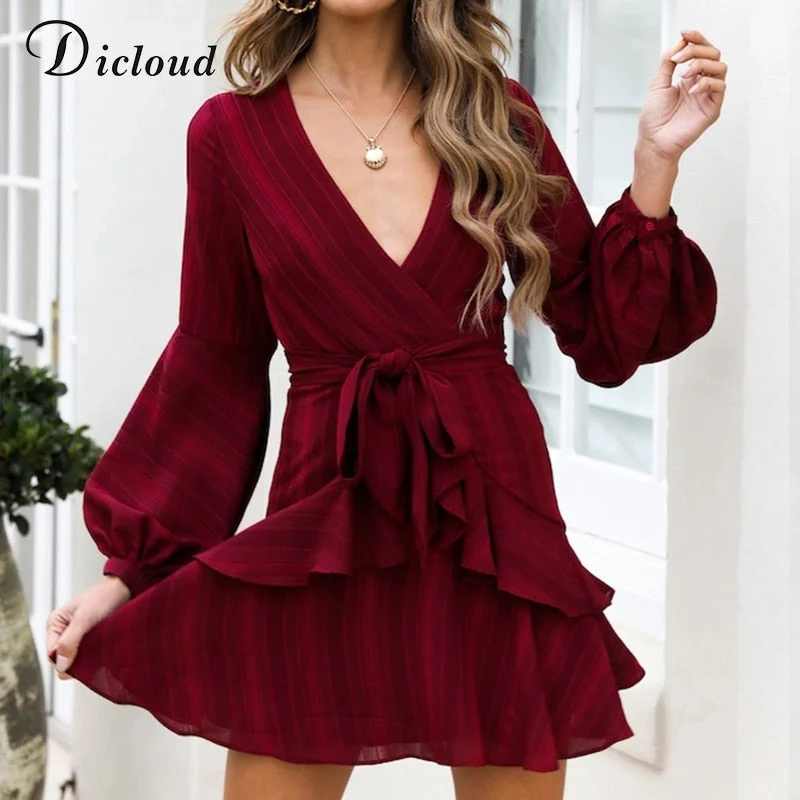 DICLOUD Sexy Plunge V Neck Women Ruffle Dress Autumn Vintage Red Long Sleeve A-line Mini Party Dresses Winter Elegant Clothing Pleated Skirt Elegant DICLOUD Sexy Plunge V Neck Women Ruffle Dress Autumn Vintage Red Long Sleeve A-line Mini Party Dresses Winter Elegant Clothing Pleated Skirt Elegant