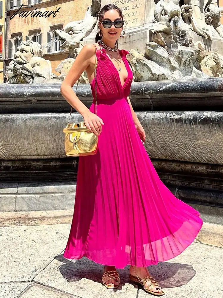 Tavimart Evening Party Dresses For Women Frill Trim Double Strap Elegant Pleated Dress Deep V Neck Sexy Cross Backless Summer Long Dress Tunics Designer luxury Tavimart Evening Party Dresses For Women Frill Trim Double Strap Elegant Pleated Dress Deep V Neck Sexy Cross Backless Summer Long Dress Tunics Designer luxury