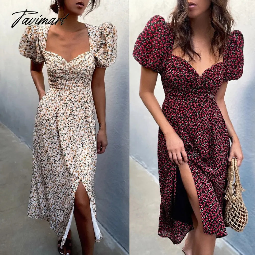 Tavimart Women Clothing Summer Sexy Fashion Bubble Sleeve Floral Lace-up High Split Long Dress Vestdio Vintage Korean Elegant Party Dress Tunics Leisure comfortable Tavimart Women Clothing Summer Sexy Fashion Bubble Sleeve Floral Lace-up High Split Long Dress Vestdio Vintage Korean Elegant Party Dress Tunics Leisure comfortable