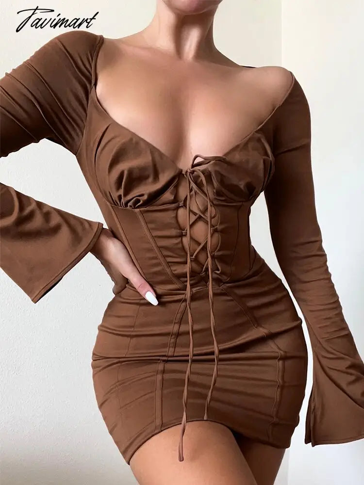 Tavimart Long Sleeve Corset Dress Sexy Lace Up Birthday Night Party Dresses Mini Hollow Out Vestidos Flare Sleeve Bodycon Dresses Women Tunics Lace romantic Tavimart Long Sleeve Corset Dress Sexy Lace Up Birthday Night Party Dresses Mini Hollow Out Vestidos Flare Sleeve Bodycon Dresses Women Tunics Lace romantic