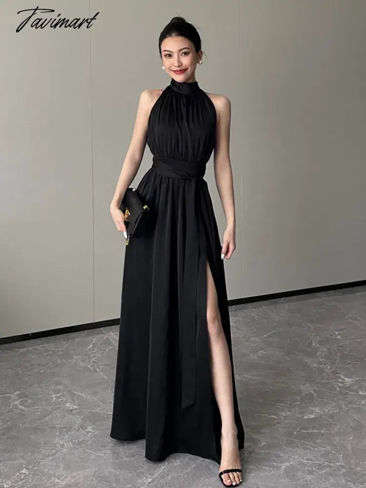 TAVIMART - Black Sexy Club Pleated Halter Split Dress Women Fashion Sleeveless Summer Lace Up High Waist Birthday Evening Party Dress Turtleneck Neckline Stylish TAVIMART - Black Sexy Club Pleated Halter Split Dress Women Fashion Sleeveless Summer Lace Up High Waist Birthday Evening Party Dress Turtleneck Neckline Stylish
