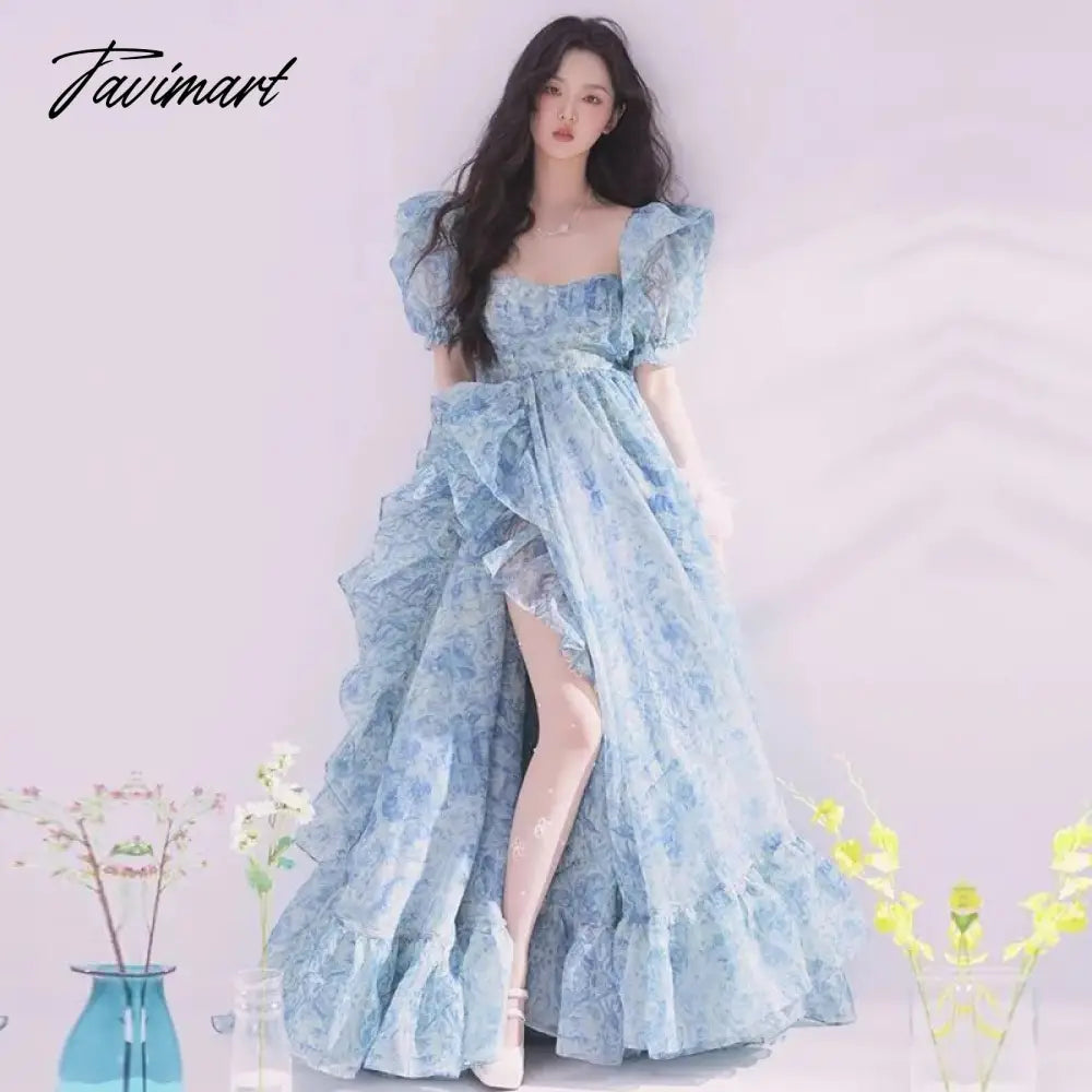 Tavimart Party Dresses Summer Short Puff Sleeve Blue Print Chiffon Women Floor-Length Overlength Princess Long Dress Female Tunics Chic fashionable Tavimart Party Dresses Summer Short Puff Sleeve Blue Print Chiffon Women Floor-Length Overlength Princess Long Dress Female Tunics Chic fashionable