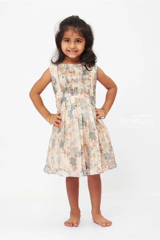 Enchanted Forest Frolic Dress: Whimsical Bird & Foliage Print Frock for Girls Tunics Wedding white Enchanted Forest Frolic Dress: Whimsical Bird & Foliage Print Frock for Girls Tunics Wedding white