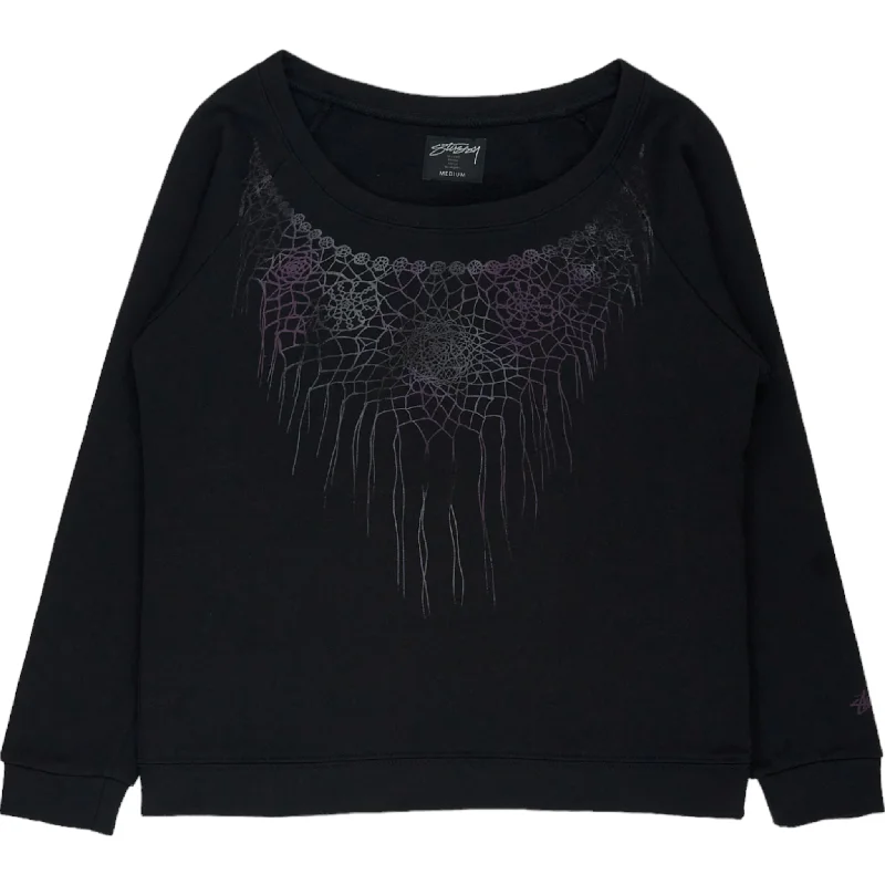 Stussy Black Women's Crew Neck Sweatshirt Hoodie with Sequins Glamorous Eye-catching Stussy Black Women's Crew Neck Sweatshirt Hoodie with Sequins Glamorous Eye-catching
