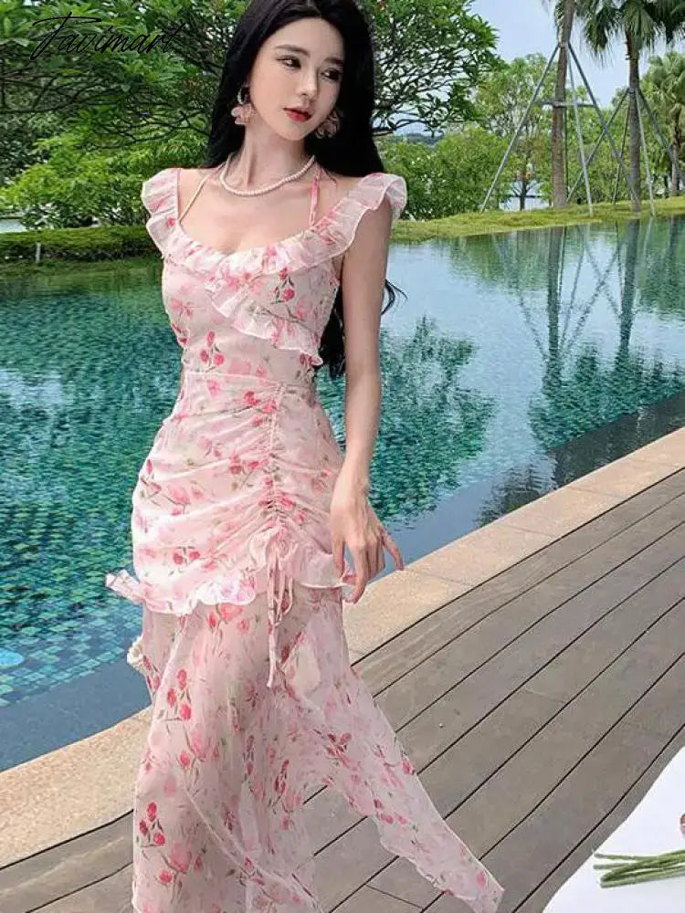 TAVIMART - Women Off Shoulder Sweet Pink Print Suspender Birthday Party Dress Summer Ladies V-neck Mid-length A-line Ruffled Pleated Dress Tunics Floral girly TAVIMART - Women Off Shoulder Sweet Pink Print Suspender Birthday Party Dress Summer Ladies V-neck Mid-length A-line Ruffled Pleated Dress Tunics Floral girly