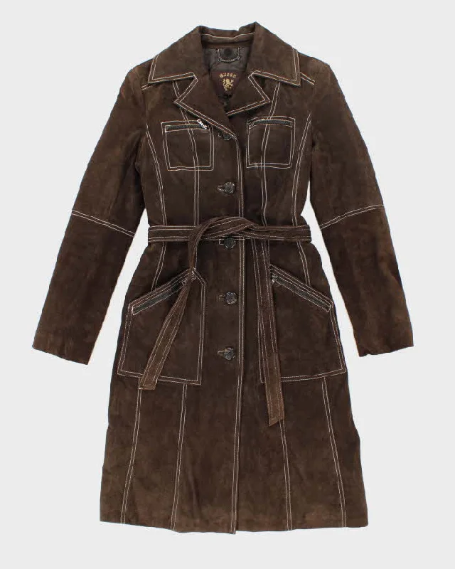 Vintage Y2k 00s Guess Brown Long Suede Jacket - S Fleece Fabric Down Fabric Feather Fabric Vintage Y2k 00s Guess Brown Long Suede Jacket - S Fleece Fabric Down Fabric Feather Fabric