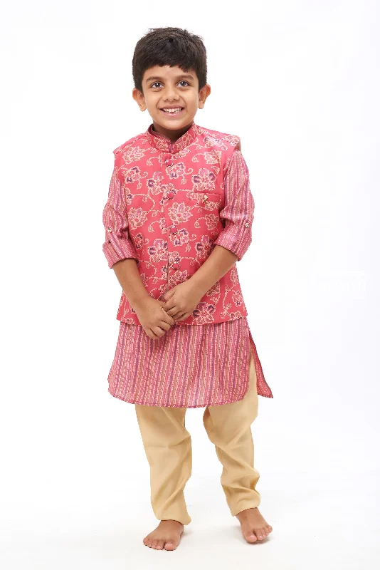 Boys Traditional Pink Kurtha with Floral Overcoat and Striped Jacket Set Fleece Fabric Down Fabric Feather Fabric Boys Traditional Pink Kurtha with Floral Overcoat and Striped Jacket Set Fleece Fabric Down Fabric Feather Fabric