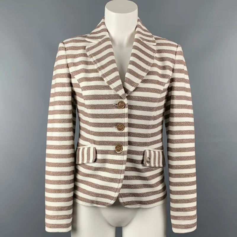 LOVE MOSCHINO Size 4 Cream & Taupe Stripe Cotton Jacket Plaid Jacket Tartan Jacket Houndstooth Jacket LOVE MOSCHINO Size 4 Cream & Taupe Stripe Cotton Jacket Plaid Jacket Tartan Jacket Houndstooth Jacket