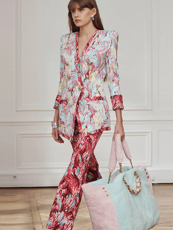 Women's Hot Pink Feather Floral 3/4 Sleeves Jacket + Flare Trousers Pants Suit Fleece Fabric Down Fabric Feather Fabric Women's Hot Pink Feather Floral 3/4 Sleeves Jacket + Flare Trousers Pants Suit Fleece Fabric Down Fabric Feather Fabric