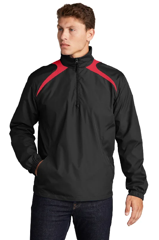 Sport-Tek Mens Water Resistant 1/4 Zip Wind Jacket - Black/True Red Cardigan Sweater Pullover Sport-Tek Mens Water Resistant 1/4 Zip Wind Jacket - Black/True Red Cardigan Sweater Pullover
