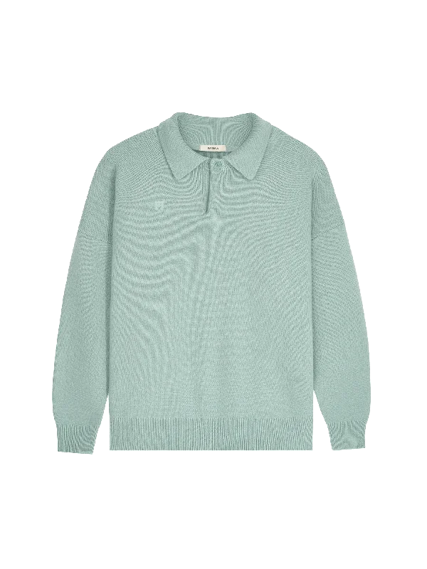 Womens Recycled Cashmere Polo Sweater—eucalyptus blue Wool Fabric Cashmere Fabric Tweed Fabric Womens Recycled Cashmere Polo Sweater—eucalyptus blue Wool Fabric Cashmere Fabric Tweed Fabric