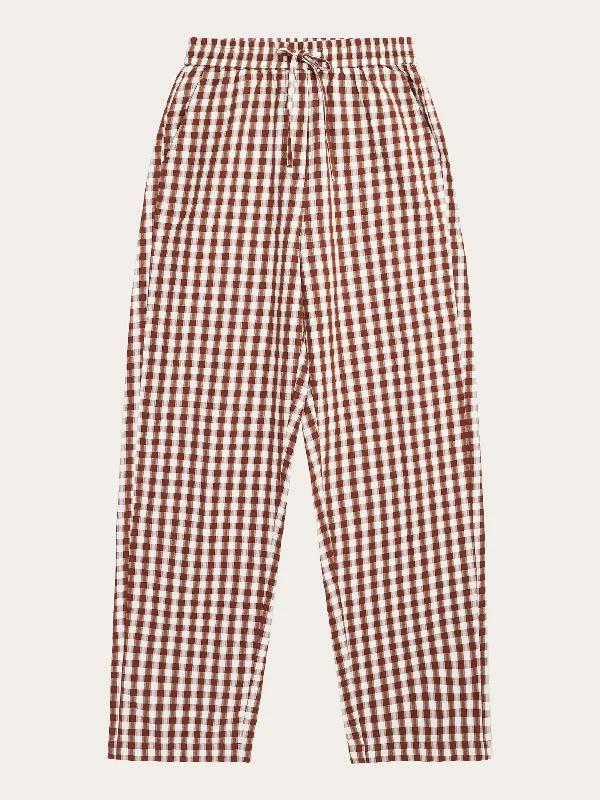 CHLOE barrel high-rise seersucker checkered elastic waistband pants - GOTS/Vegan - Brown check Soft Stretch Trousers CHLOE barrel high-rise seersucker checkered elastic waistband pants - GOTS/Vegan - Brown check Soft Stretch Trousers