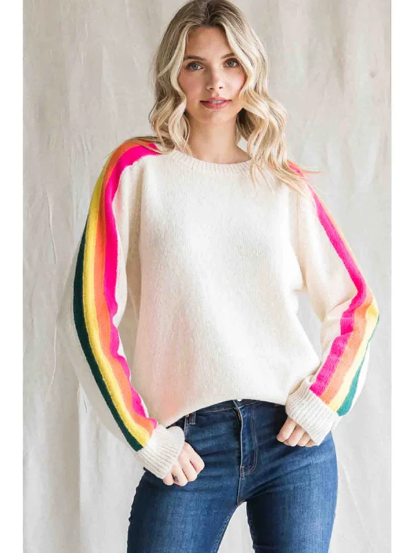 Solid Knit Sweater Top with Striped Sleeves in Ivory by Jodifl Modern Contemporary Chic Solid Knit Sweater Top with Striped Sleeves in Ivory by Jodifl Modern Contemporary Chic