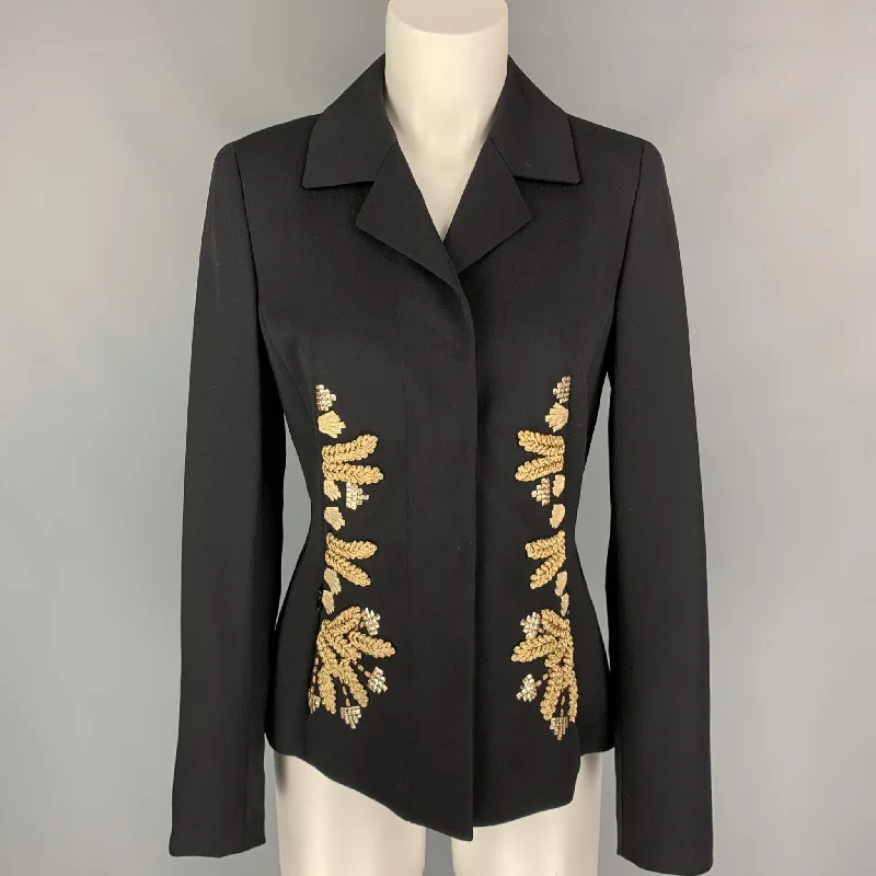 ESCADA Size 6 Black & Gold Virgin Wool Blend Embellishment Jacket Boat Neck Shawl Collar Notched Collar ESCADA Size 6 Black & Gold Virgin Wool Blend Embellishment Jacket Boat Neck Shawl Collar Notched Collar