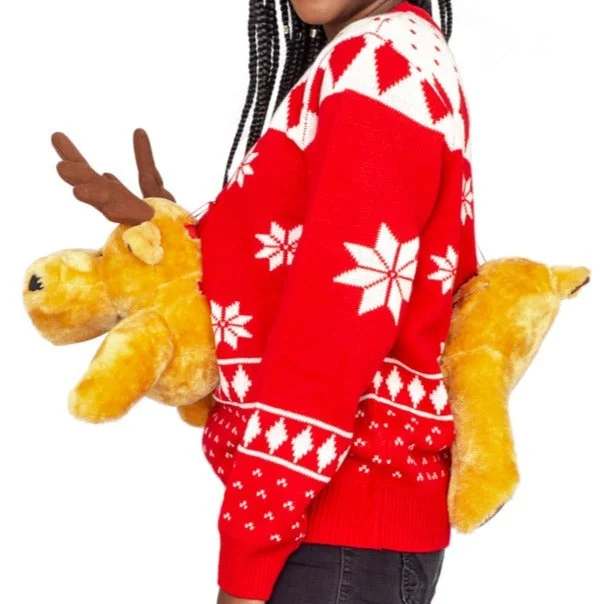 Women's Red 3-D Ugly Christmas Sweater with Stuffed Moose Wool Fabric Cashmere Fabric Tweed Fabric Women's Red 3-D Ugly Christmas Sweater with Stuffed Moose Wool Fabric Cashmere Fabric Tweed Fabric