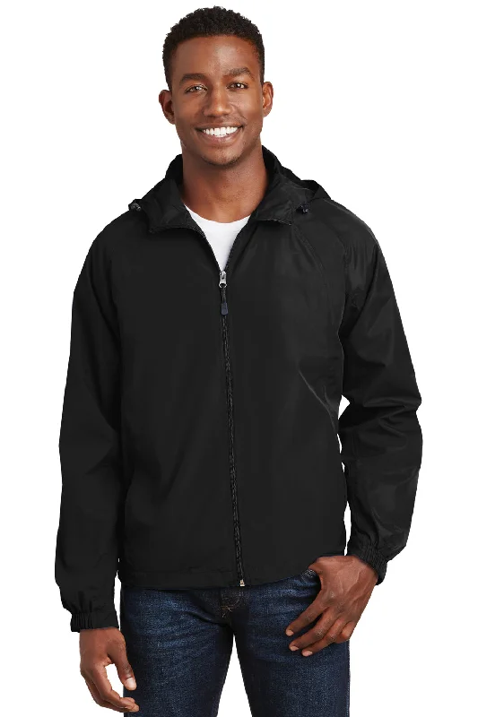 Sport-Tek Mens Water Resistant Full Zip Hooded Jacket - Black Knit Fabric Woven Fabric Fleece Fabric Sport-Tek Mens Water Resistant Full Zip Hooded Jacket - Black Knit Fabric Woven Fabric Fleece Fabric