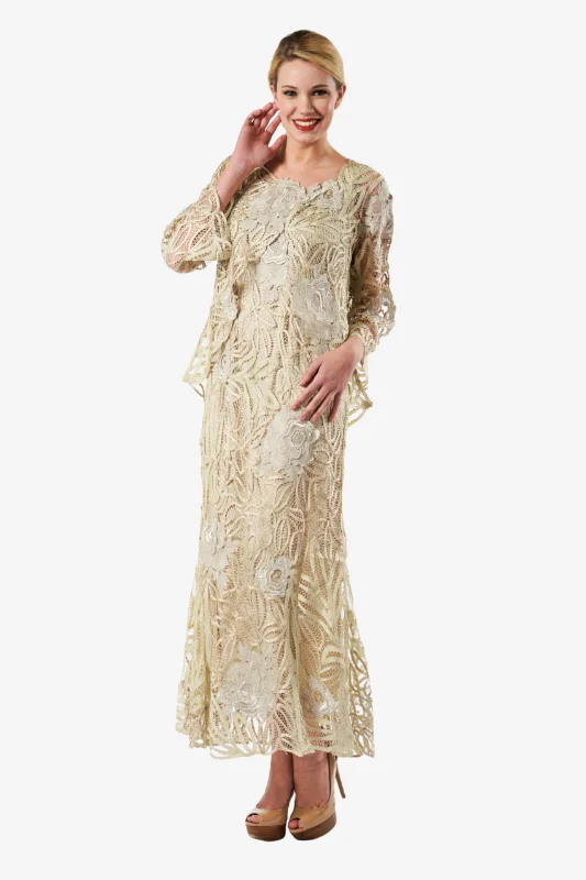 Soulmates D1106 Rose Embroidered Lace Evening Mother Of Bride Dress with Jacket Set Tiered Jacket Buttoned Jacket Zippered Jacket Soulmates D1106 Rose Embroidered Lace Evening Mother Of Bride Dress with Jacket Set Tiered Jacket Buttoned Jacket Zippered Jacket