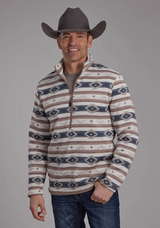 Roper Mens Horizontal Aztec Stripe Brown 100% Polyester 1/4 Zip Sweater Fleece Fabric Down Fabric Feather Fabric Roper Mens Horizontal Aztec Stripe Brown 100% Polyester 1/4 Zip Sweater Fleece Fabric Down Fabric Feather Fabric