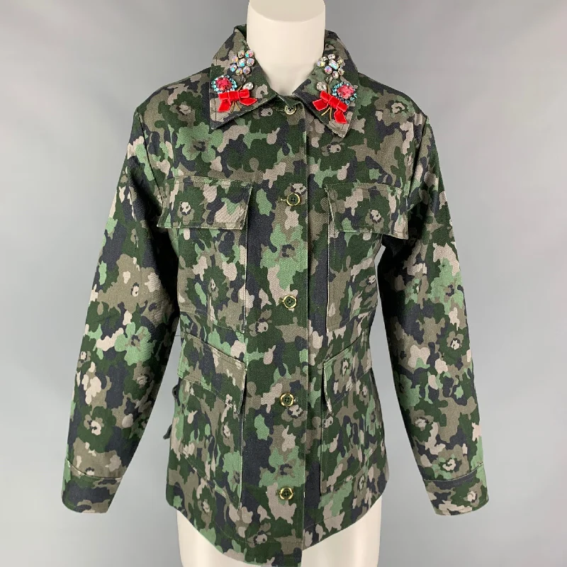 MANOUSH Size 4 Green Camouflage Denim Cotton Rhinestone Collar Military Jacket Knit Fabric Woven Fabric Fleece Fabric MANOUSH Size 4 Green Camouflage Denim Cotton Rhinestone Collar Military Jacket Knit Fabric Woven Fabric Fleece Fabric