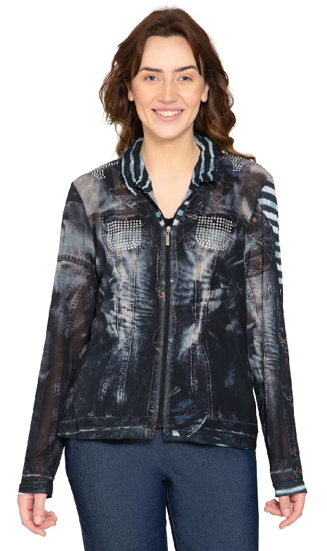 Women's Mesh Denim Look Printed Zip Front Jacket With Rhinestones Fleece Fabric Down Fabric Feather Fabric Women's Mesh Denim Look Printed Zip Front Jacket With Rhinestones Fleece Fabric Down Fabric Feather Fabric