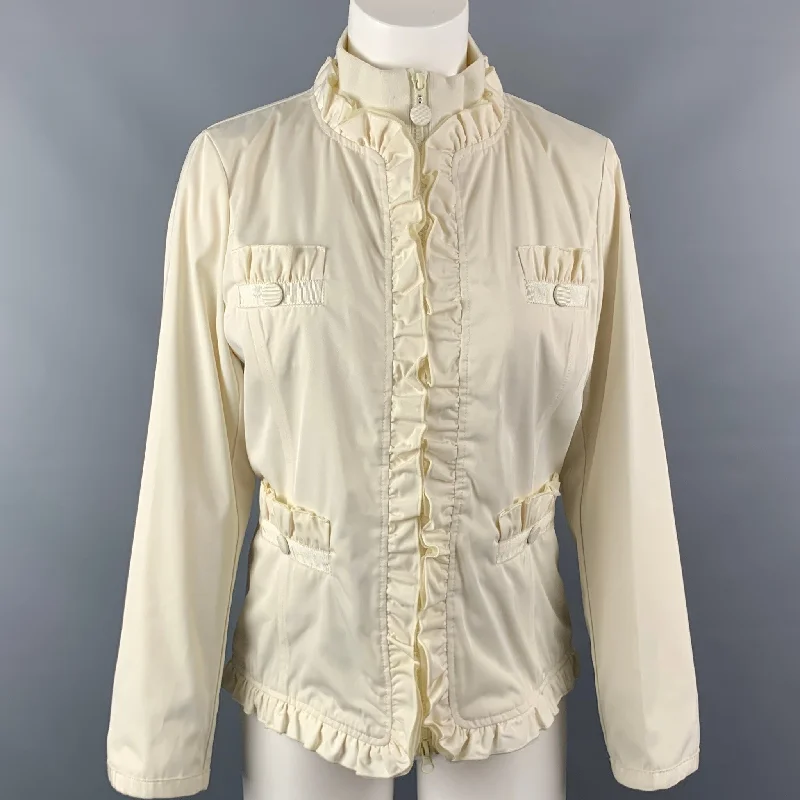 LOVE MOSCHINO Size 6 Cream Polyester Ruffled Jacket Nylon Fabric Polyester Fabric Spandex Fabric LOVE MOSCHINO Size 6 Cream Polyester Ruffled Jacket Nylon Fabric Polyester Fabric Spandex Fabric