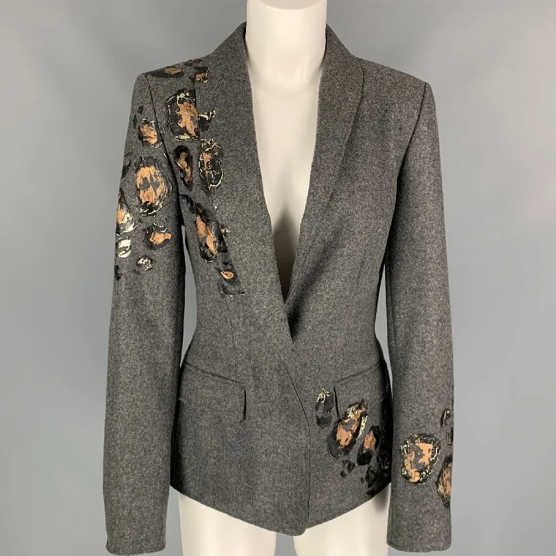 ESCADA Size 6 Grey & Silver Virgin Wool Paint Splatter Jacket Satin Jacket Silk Jacket Chiffon Jacket ESCADA Size 6 Grey & Silver Virgin Wool Paint Splatter Jacket Satin Jacket Silk Jacket Chiffon Jacket