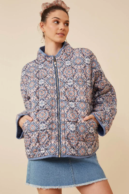 Antique Printed Quilted Padded Jacket Front Pockets Side Pockets Patch Pockets