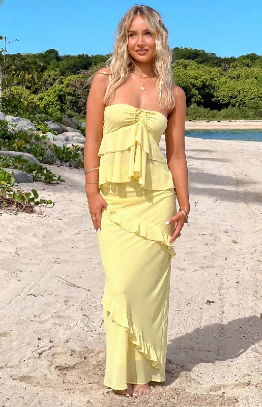 Raleigh Yellow Ruffle Maxi Skirt breathable skirt fabric