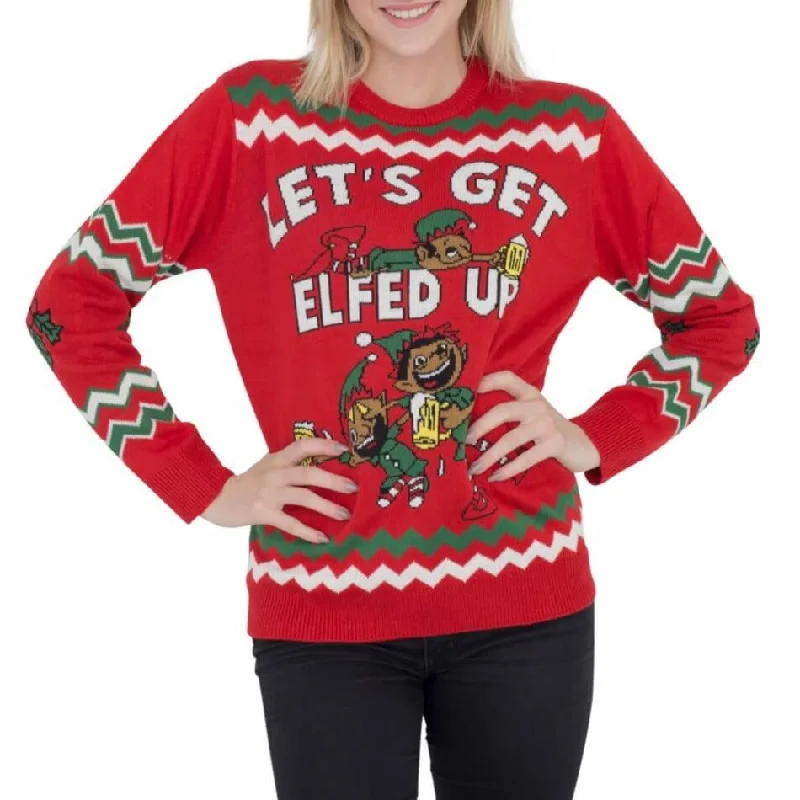 Women's Let's Get Elfed Up Drunken Elves Ugly Christmas Sweater Welt Pockets Slit Pockets Flap Pockets Women's Let's Get Elfed Up Drunken Elves Ugly Christmas Sweater Welt Pockets Slit Pockets Flap Pockets