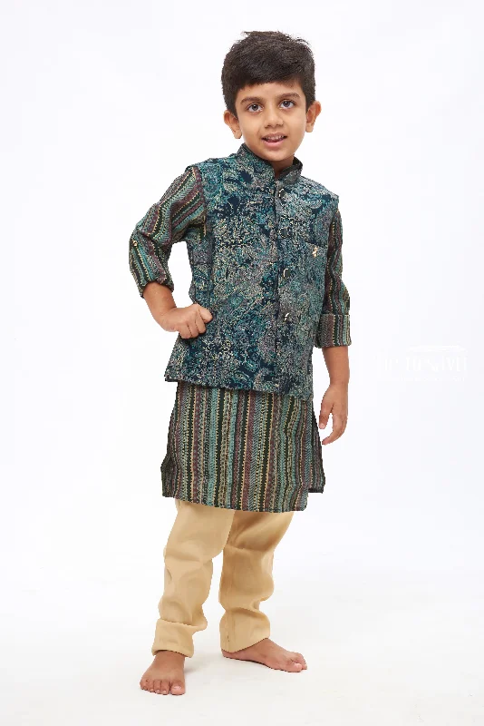 Boys Traditional Teal Kurtha with Intricate Floral Overcoat and Geometric Striped Jacket Cotton Fabric Linen Fabric Terry Fabric Boys Traditional Teal Kurtha with Intricate Floral Overcoat and Geometric Striped Jacket Cotton Fabric Linen Fabric Terry Fabric
