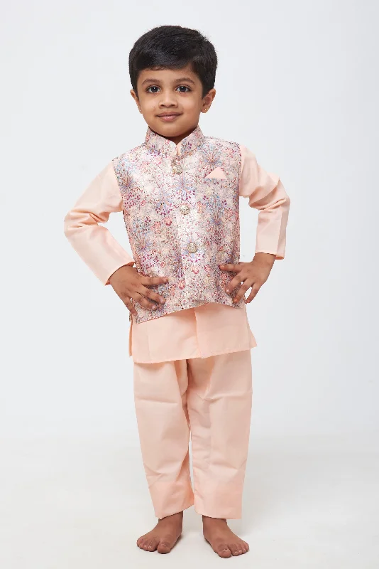 Pristine Petals: Boys' Kurta with Iridescent Floral Overcoat Jacket and Pant Set Cotton Fabric Linen Fabric Terry Fabric Pristine Petals: Boys' Kurta with Iridescent Floral Overcoat Jacket and Pant Set Cotton Fabric Linen Fabric Terry Fabric
