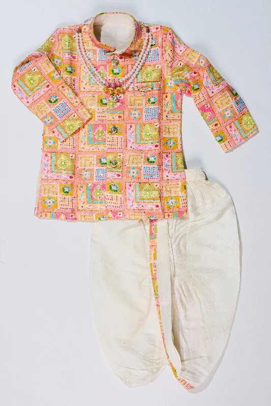 Boys Light Pink Kurta with Embroidered Jacket and Dhoti for Traditional Festive Wear Oversized Jacket Tailored Jacket Straight Jacket Boys Light Pink Kurta with Embroidered Jacket and Dhoti for Traditional Festive Wear Oversized Jacket Tailored Jacket Straight Jacket