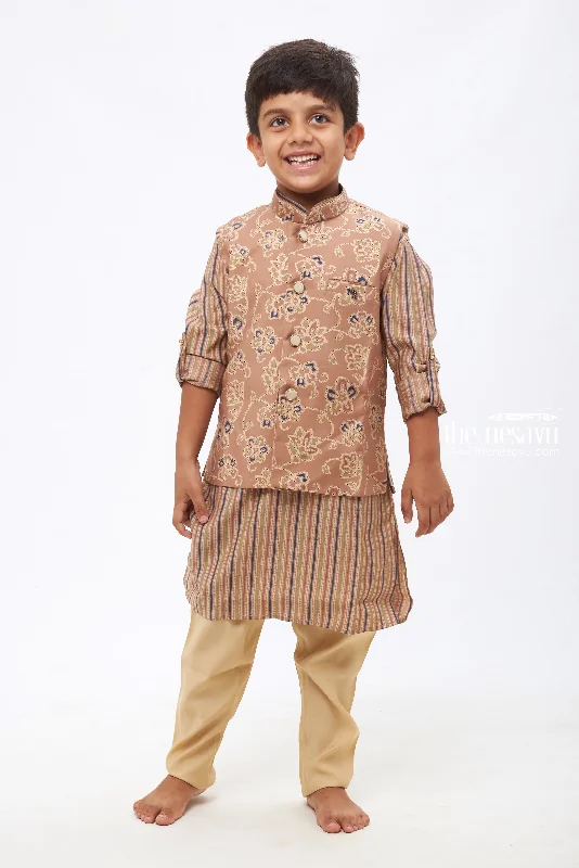 Boys Traditional Brown Kurtha with Floral Overcoat and Striped Jacket Set Chenille Fabric Brocade Fabric Lace Fabric Boys Traditional Brown Kurtha with Floral Overcoat and Striped Jacket Set Chenille Fabric Brocade Fabric Lace Fabric
