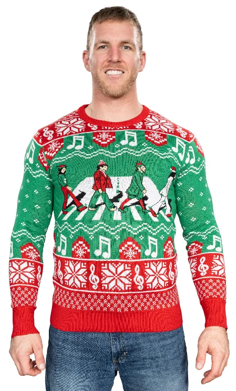 Music Band Elf Road Cross Walk Elves Knitted Ugly Christmas Sweater Faux Fur Fabric Real Fur Fabric Shearling Fabric Music Band Elf Road Cross Walk Elves Knitted Ugly Christmas Sweater Faux Fur Fabric Real Fur Fabric Shearling Fabric