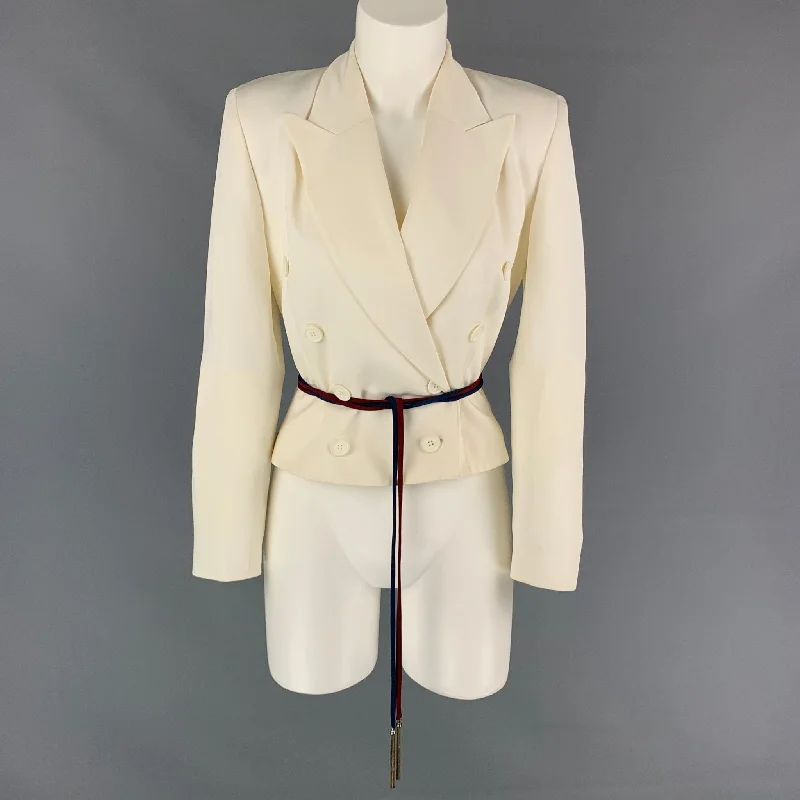 OZBEK Size 6 Cream Acetate Blend Double Breasted Belted Jacket Toggled Jacket Drawstring Jacket Belted Jacket OZBEK Size 6 Cream Acetate Blend Double Breasted Belted Jacket Toggled Jacket Drawstring Jacket Belted Jacket