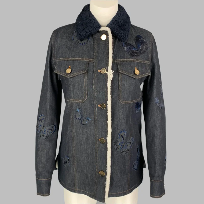 VALENTINO Size 6 Navy Embroidered Butterfly Cotton Sherling Collar Jacket Knit Fabric Woven Fabric Fleece Fabric VALENTINO Size 6 Navy Embroidered Butterfly Cotton Sherling Collar Jacket Knit Fabric Woven Fabric Fleece Fabric