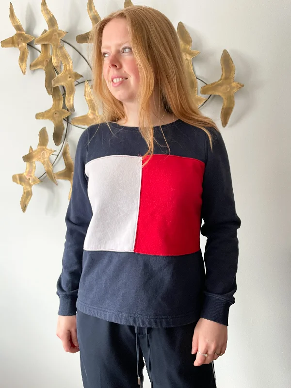 Tommy Hilfiger Long Sleeve Blue White And Red Sweater - Small Striped Floral Plaid