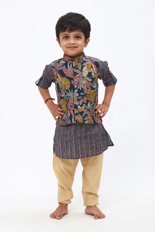 Boys Navy Blue Tropical Leaf Printed Kurtha with Striped Jacket & Beige Trousers Knit Fabric Woven Fabric Fleece Fabric Boys Navy Blue Tropical Leaf Printed Kurtha with Striped Jacket & Beige Trousers Knit Fabric Woven Fabric Fleece Fabric