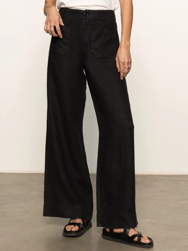 The Linen Marine Wide Leg Semi-High Rise Pant Black Relaxed High-Waist Trousers