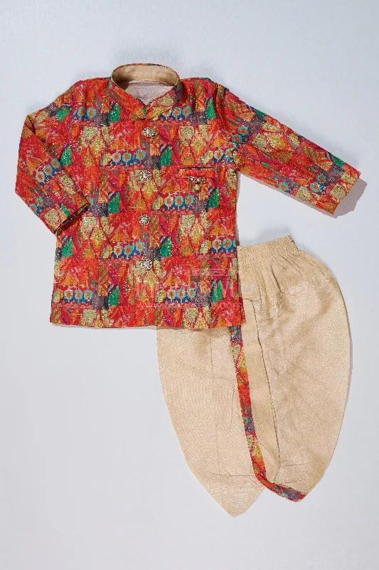Boys Light Red Kurta with Printed Jacket and Cream Dhoti for Special Occasions V-Neck Jacket Boat Neck Jacket Square Neck Jacket Boys Light Red Kurta with Printed Jacket and Cream Dhoti for Special Occasions V-Neck Jacket Boat Neck Jacket Square Neck Jacket