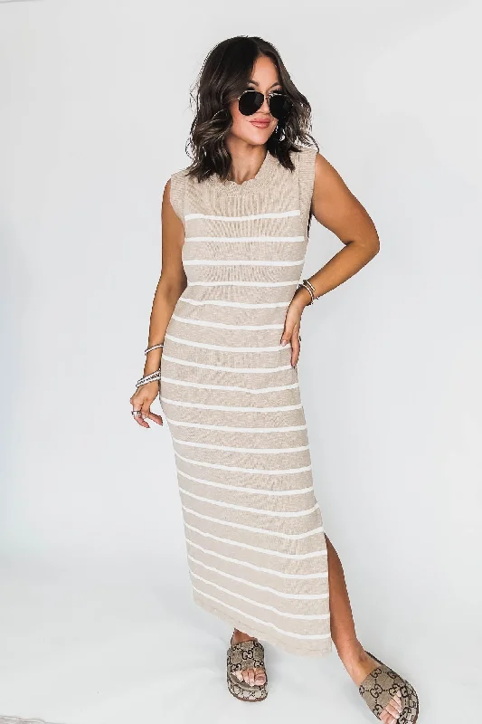 Taupe Sleeveless Sweater Knit Strip Midi Dress Cotton Fabric Linen Fabric Terry Fabric Taupe Sleeveless Sweater Knit Strip Midi Dress Cotton Fabric Linen Fabric Terry Fabric
