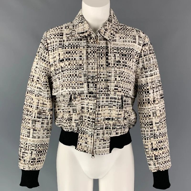BADGLEY MISCHKA Size 4 White & Black Textured Boucle Polyester Blend Jacket Herringbone Jacket Houndstooth Jacket Plaid Jacket BADGLEY MISCHKA Size 4 White & Black Textured Boucle Polyester Blend Jacket Herringbone Jacket Houndstooth Jacket Plaid Jacket